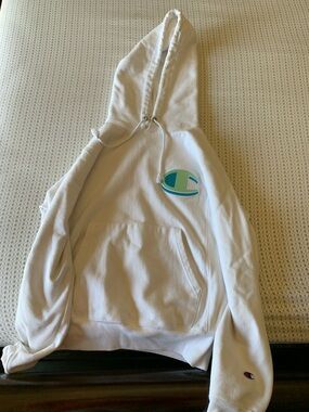 Champion White Hoodie with Mint & Teal Logo Patch